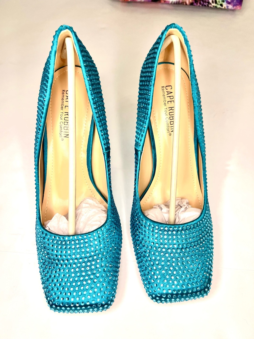 Cape Robbin Turquoise Crystal Block Heel Pumps - Picture 2 of 12